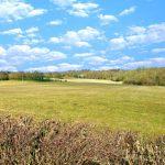 A wide-open grassy field under a bright blue sky with scattered white clouds. The landscape includes distant trees and rolling hills. A neatly trimmed hedge frames the bottom of the image. This plot of land, known as Km1 Underriver Sevenoaks, is periodically for sale with World of Auctions and Palace Auctions London.