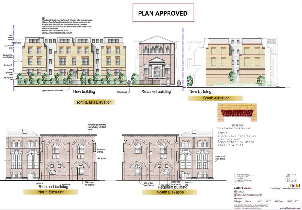 Property for sale by Auction Architectural design plan showing front, south, and north elevations of new and retained buildings, including the Water Tower. Annotated with dimensions, materials, and finishes. Text at the top center reads "PLAN APPROVED." Plans feature detailed views and color specifications. Presented by World of Auctions