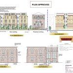 Property for sale by Auction Architectural design plan showing front, south, and north elevations of new and retained buildings, including the Water Tower. Annotated with dimensions, materials, and finishes. Text at the top center reads "PLAN APPROVED." Plans feature detailed views and color specifications. Presented by World of Auctions