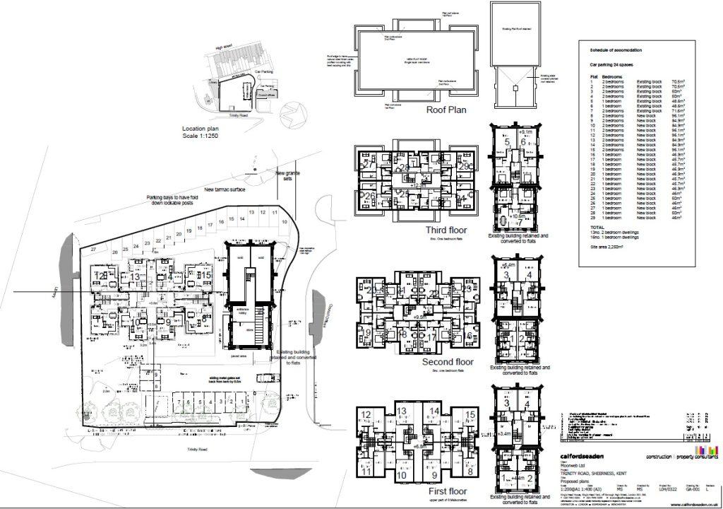 Property for sale by Auction A detailed architectural blueprint showing the layout of a building across three floors, the roof plan, and site plan. Each floor plan specifies room numbers and measurements. The design includes various annotations, scales, and a key to symbols used in the drawings, with special consideration for an adjacent Water Tower. Presented by World of Auctions