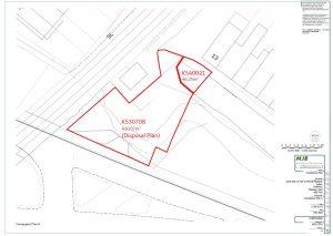 Property for sale by Auction A detailed site plan showing the boundaries of two parcels of land, outlined in red, labeled K540021 (46.25m²) and K530708 (43.07m²), sold by their owners. Various surrounding structures and streets are depicted, along with directional arrows and measurement annotations. Presented by World of Auctions