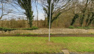 Property for sale by Auction A grassy area with a narrow pathway and a streetlight stands in front of a stone wall. Beyond the wall is a forested area with leafless trees. The sky above is partly cloudy. Presented by World of Auctions