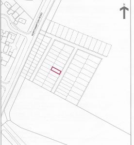 Property for sale by Auction A black and white map showing a plotted area with labeled streets. There is a red rectangle highlighting one specific plot among many in a grid layout. North is indicated by a directional arrow at the top right corner. Presented by World of Auctions