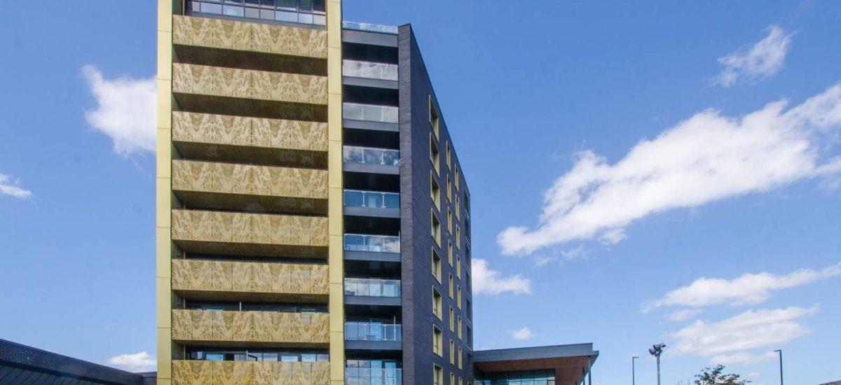 A beautiful modern London apartment, available for sale by auction with Palace Auctions London, stands under a partly cloudy blue sky. The building features a stylish mix of yellow and black exterior finishes, with a Sainsbury's store entrance on the right. In the foreground, there's a sidewalk and paved area adorned with plants.