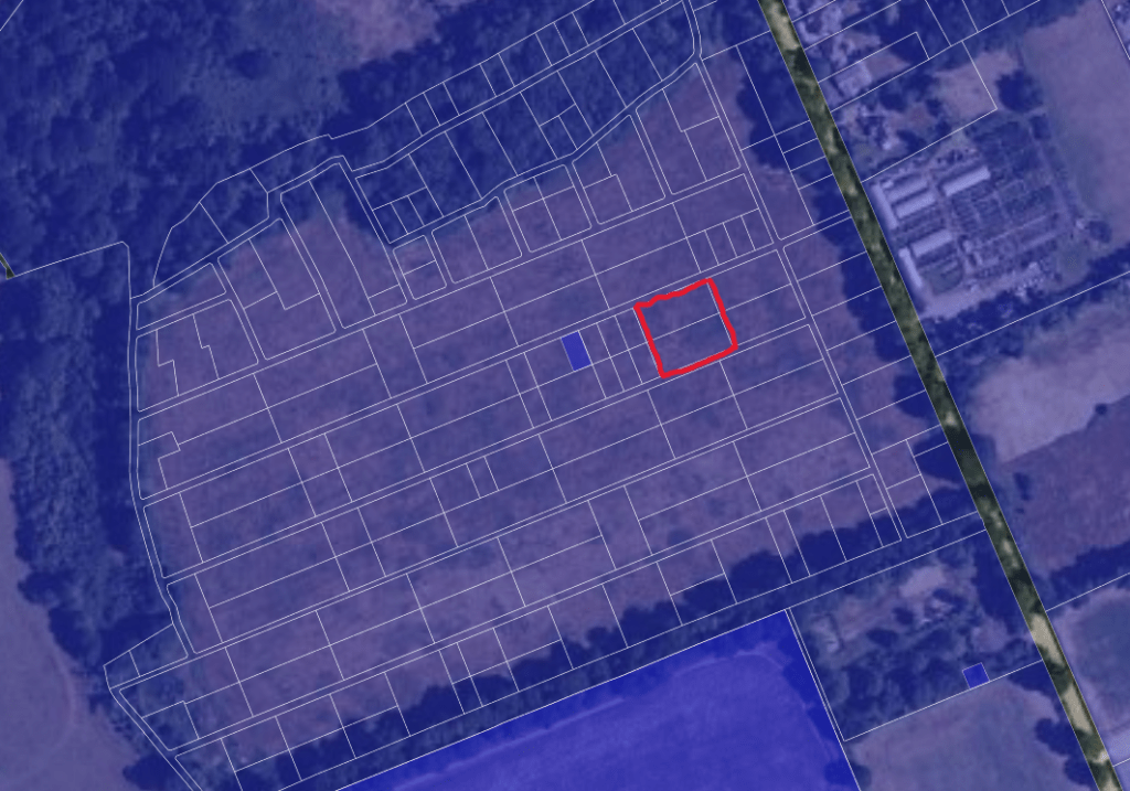 A satellite map image with outlined property lines. Within the parcels of premodernity agricultural land at Long Reach Ockham, a notable red square boundary highlights a specific plot. Roads or paths run vertically and horizontally, surrounded by fields and vegetation. Available for sale by auction with World of Auctions.