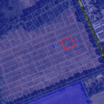 A satellite map image with outlined property lines. Within the parcels of premodernity agricultural land at Long Reach Ockham, a notable red square boundary highlights a specific plot. Roads or paths run vertically and horizontally, surrounded by fields and vegetation. Available for sale by auction with World of Auctions.