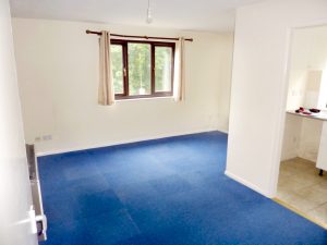 A bright, empty room features a window with beige curtains, white walls, and a clean blue carpet. The space is well-lit by natural light from the window, offering views of Ruth House. An adjacent kitchen is visible through an open doorway, with light-colored tile flooring. Available for sale by auction with World of Auctions.