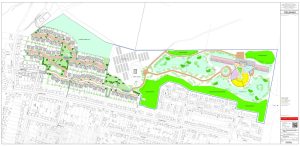 A detailed map showing the proposed layout of a new park and residential development, including green spaces, pathways, a parking lot, and a large building complex. The area also features surrounding residential streets and buildings. Additionally, premodern agricultural land at Dunoon in Scotland is available for sale by auction with World of Auctions.
