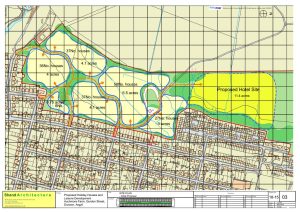 A site plan at Dunoon in Scotland shows the layout for proposed holiday houses and a hotel on a block of premodernity agricultural land. The plan includes marked areas for houses (37, 50, 27 units) and a hotel, with access roads. Available for sale by Auction with World of Auctions.