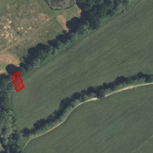 Aerial view of a landscape in Kent featuring lush green fields and dense trees lining the fields. A small rectangular section, outlined in red, is marked on the edge of the wooded area near Tonbridge, off Hadlow Road at Tanyard Farm.