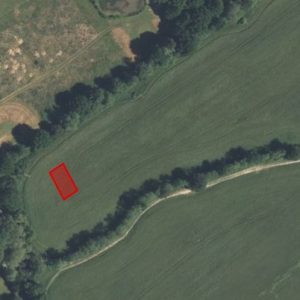 Aerial view of a green field in TONBRIDGE, KENT, with a red-bordered rectangular plot marked in the middle. The field, TN10 4LP, available for sale by auction with World of Auctions, is surrounded by trees and a dirt path curving through the lower part. Other grassy and wooded areas are visible beyond the field. A great piggy bank style investment opportunity!
