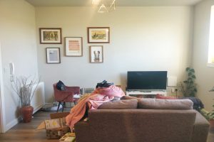 A cozy living room with a brown couch facing a flat-screen TV on a console. An armchair is partially covered with blankets, and various items and plants are scattered around. Four framed artworks decorate the wall above the TV in this inviting space, now available for sale by auction at Humphry Davy House. Sunlight streams in through a window.
