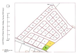 A map showing a plot layout of a land development site at Land West of Stane Street, Ockley, Surrey RH5 5LU. The site is sectioned into numbered plots, with plot 10 highlighted in yellow and an area marked with an "S" in green. Sold by World of Auctions.