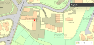 A detailed map highlights 13-17 Alexander Court with a red location pin. Surrounding buildings, roads, and areas named Springfield House, Springfield Lodge, and Coach House are labeled. Roads and pathways are clearly marked, showing connections to nearby buildings. Investment apartments for sale by auction in New Alexandra Court Nottingham can also be viewed on the map from World of Auctions.