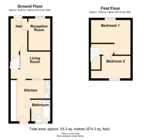 A floor plan of a two-story house shows the ground floor with a hall, reception room, living room, kitchen, and bathroom. The first floor has two bedrooms. The total area is approximately 53.3 square meters (574.2 square feet).