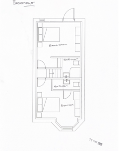 Floor plan labeled "Basement" showing three bedrooms, two bathrooms, and a staircase. Each room is clearly labeled, and doors connect the rooms and hallways. The plan includes furniture outlines like beds, indicative of the layout for each room. Dated 31 May 2023.