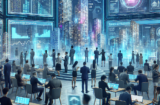 Property for sale by Auction A futuristic conference room is filled with people working on holographic devices. Digital screens displaying data, analytics, and cityscape images dominate the space. Attendees are both seated and standing, engaged in discussions and presentations. Presented by World of Auctions
