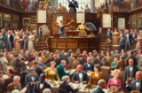 Property for sale by Auction A busy auction house scene with a diverse crowd of people seated and standing. The auctioneer stands at a podium in front of a sign reading "World of Auctions." The room is filled with art, antiques, and other items for sale, with people actively bidding and conversing. Presented by World of Auctions