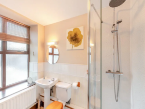 Property for sale by Auction A bright, modern bathroom in The Old Drapery Apartments, 12 Main St, Haltwhistle for sale by auction. It features a glass-enclosed shower with a rainfall showerhead, a white sink with a round mirror above, a toilet with a wooden seat, and framed yellow flower artwork. Frosted windows let in natural light. Presented by World of Auctions