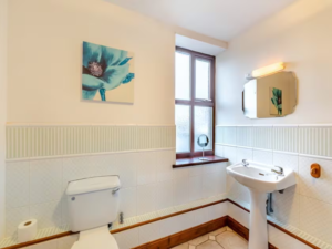 Property for sale by Auction Located in The Old Drapery Apartments, 12 Main St, Haltwhistle, this clean bathroom boasts white walls and tile accents. It features a white toilet, a pedestal sink with a wall-mounted mirror above it, a small window, and a painting of a flower on the wall. For sale by auction. Presented by World of Auctions