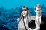 Property for sale by Auction A man and woman, dressed professionally with the woman holding a folder, are in the foreground. They are positioned in front of a background depicting a construction site with numerous houses being built. The image has a blue color overlay. Presented by World of Auctions