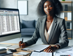 Property for sale by Auction A woman in a business suit sits at a desk with tax documents, a calculator, and a computer displaying a spreadsheet labeled "Duty Land Tax." She is holding a pen and appears to be focused on her work. The office setting includes shelves and a gray sofa in the background—an image that emphasizes why you should always consult an independent accountant for your SDLT calculations. Presented by World of Auctions