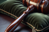Property for sale by Auction A polished wooden gavel rests on a plush green cushion with a small tag attached to the cushion's corner. The close-up shot highlights the gavel's smooth finish and intricate details, symbolizing judicial authority or auction settings. Presented by World of Auctions