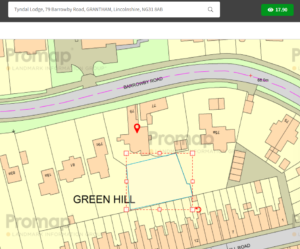 Property for sale by Auction A digital map highlighting Tyndal Lodge, 79 Barrowby Road, Grantham, Lincolnshire, NG31 8AB. The property is marked with a red pointer and surrounded by residential buildings, streets, and a large area labeled "Green Hill." There is a purchase button in the upper right corner. Presented by World of Auctions
