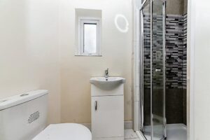 Property for sale by Auction A small bathroom featuring a white toilet, a compact vanity with a sink and faucet, a rectangular mirror above the sink, and a corner shower with a glass door. The shower has a patterned tile design in shades of grey. A small frosted window is above the sink. Presented by World of Auctions