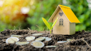 Property for sale by Auction A small model house with a yellow roof sits on soil next to a green plant sprout. Several coins are scattered around the soil, symbolizing growth and investment. The background is bright and green, suggesting a natural environment. Presented by World of Auctions