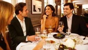 Property for sale by Auction Four people are seated at a restaurant table, enjoying a meal and drinks together. They are engaged in conversation and smiling. Several plates with food and glasses of wine are on the table. The atmosphere appears to be friendly and festive. Presented by World of Auctions