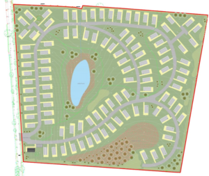Property for sale by Auction A detailed site plan of a residential development featuring many rectangular buildings on a winding network of roads. The plan includes green spaces, clusters of trees, and a central pond labeled "600,000 liter pond," all enclosed within a red outline. Presented by World of Auctions