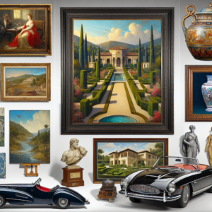 Property for sale by Auction A collection of framed paintings and art objects on display, featuring classical portraits, landscapes, and architectural scenes. There are also antique vases, a bust sculpture on a pedestal, and two vintage convertible cars in the foreground. Presented by World of Auctions