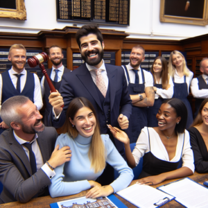 Property for sale by Auction A group of people, some in business attire and others in casual wear, gather around a smiling man in a suit holding a gavel. They seem to be in an auction house or trading room. Background includes boards with numbers and text, and everyone appears happy and engaged. Presented by World of Auctions