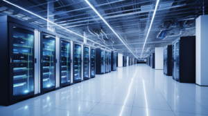 Property for sale by Auction A large, modern data center with rows of server racks illuminated by blue LED lights. The floor is reflective and the ceiling features a network of exposed cables and ducts. The room is well-lit, contributing to a clean and high-tech ambiance. Presented by World of Auctions