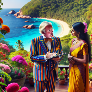 Property for sale by Auction An elderly man in a colorful striped suit and bow tie holds a notepad while talking to a woman in a vibrant yellow sari. They stand on a terrace adorned with flowers, overlooking a picturesque beach with lush greenery and turquoise waters in the background. Presented by World of Auctions