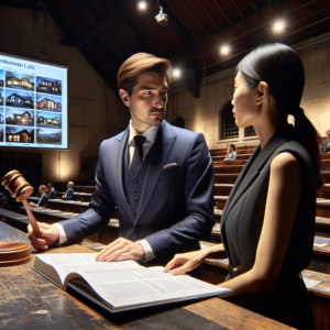 Property for sale by Auction A man in a suit holding a gavel and a woman in formal attire are standing beside a large open book in an auction house. They appear to be discussing why property auction lots sometimes fail. In the background, people are seated, and a screen displays images of various properties. Presented by World of Auctions