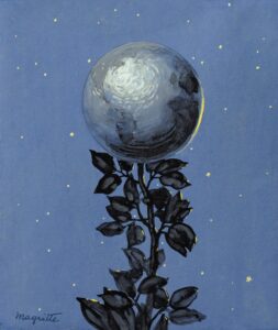 Property for sale by Auction A surreal painting depicts a moon blooming like a flower atop a dark plant with leaves against a starry blue night sky. Signature of the artist, "Magritte," is visible in the corner. Presented by World of Auctions