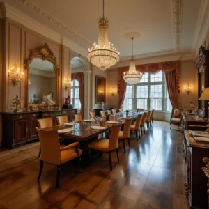 Property for sale by Auction Discover Prime Property Investments in NW6 with this luxurious dining room. A long, elegant table set with fine china and glassware is illuminated by two large chandeliers. Tall ornate mirrors and draped curtains frame the large windows, creating a sophisticated atmosphere, perfect for exclusive gatherings. Presented by World of Auctions
