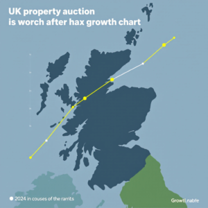 Property for sale by Auction Map of the UK with a superimposed growth chart in white and yellow lines. The title reads, "UK property auction is worch after hax growth chart." A note indicates "2024 in coures of the rarits. Presented by World of Auctions