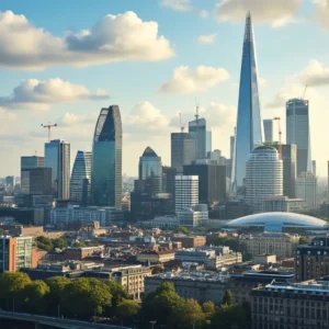 Property for sale by Auction Skyline of a city with several modern skyscrapers, including a tall, pointed building. The foreground has older architecture and green trees, while the sky above is partly cloudy. Presented by World of Auctions