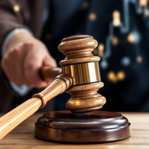 Property for sale by Auction A close-up image captures a judge's wooden gavel, reminiscent of those guiding 2024 auction industry trends, held above a sound block, poised to strike. The person in a dark coat is focused on the action. The softly blurred background emphasizes the gavel’s commanding presence. Presented by World of Auctions