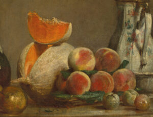 Property for sale by Auction A still life painting featuring a wedge of orange melon resting on a half melon, surrounded by a cluster of ripe peaches with green leaves. A decorative ceramic jug with a floral pattern is visible in the background. Presented by World of Auctions