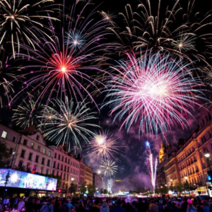 Property for sale by Auction A vibrant fireworks display lights up the night sky over Cardiff's city square, with bursts of red, pink, and gold. A crowd gathers below the historic buildings, soaking in the festive atmosphere. Amidst the celebration, whispers of investment property advice float through the lively scene. Presented by World of Auctions