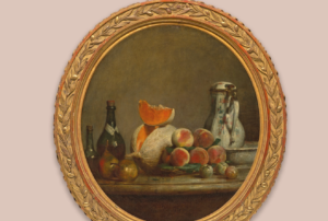 Property for sale by Auction A still life painting in a round, ornate gold frame featuring a table with peaches, a melon, wine bottles, and a ceramic pitcher. The muted background contrasts with the warm tones of the fruit and objects. Presented by World of Auctions