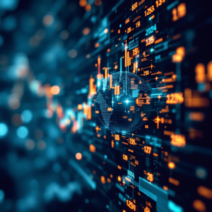 Property for sale by Auction A digital illustration features a globe surrounded by a complex array of glowing orange and blue data lines, numbers, and graphs. This dynamic depiction represents global data networks and technology, reflecting the World Markets Update for December 2024. Presented by World of Auctions