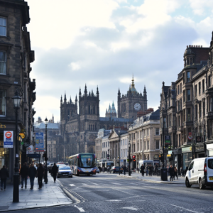 Property for sale by Auction A bustling city street in Glasgow, with historic buildings and a clock tower in the background. People walk along the sidewalks, and vehicles, including a bus, travel on the road under a partly cloudy sky—a scene straight from a Glasgow property investment guide. Presented by World of Auctions