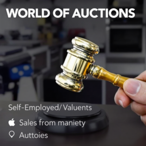 Property for sale by Auction A person brandishes a golden auction gavel under the words "WORLD OF AUCTIONS." Below, it reads: "Self-Employed Sales Agents Wanted," "Valuents," and "Sales from Maniety" beside an Apple logo. In the blurred background, opportunities await dynamic sales agents. Presented by World of Auctions