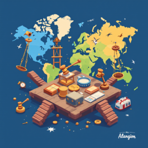 Property for sale by Auction A colorful illustration of a world map featuring symbols of justice, technology, and healthcare. Scales, gavel, microscope, medical kit, and books are arranged on wooden platforms alongside auction elements, weaving together a world of auctions and testimonials that reflect diverse societal elements. Presented by World of Auctions