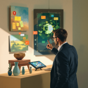 Property for sale by Auction A man in a suit interacts with a digital wall display showcasing colorful data visualizations, embodying "The Future of Auctions: Predictions and Trends for 2025." He stands by a wooden shelf adorned with decorative vases and a tablet, in a modern, well-lit setting. Presented by World of Auctions